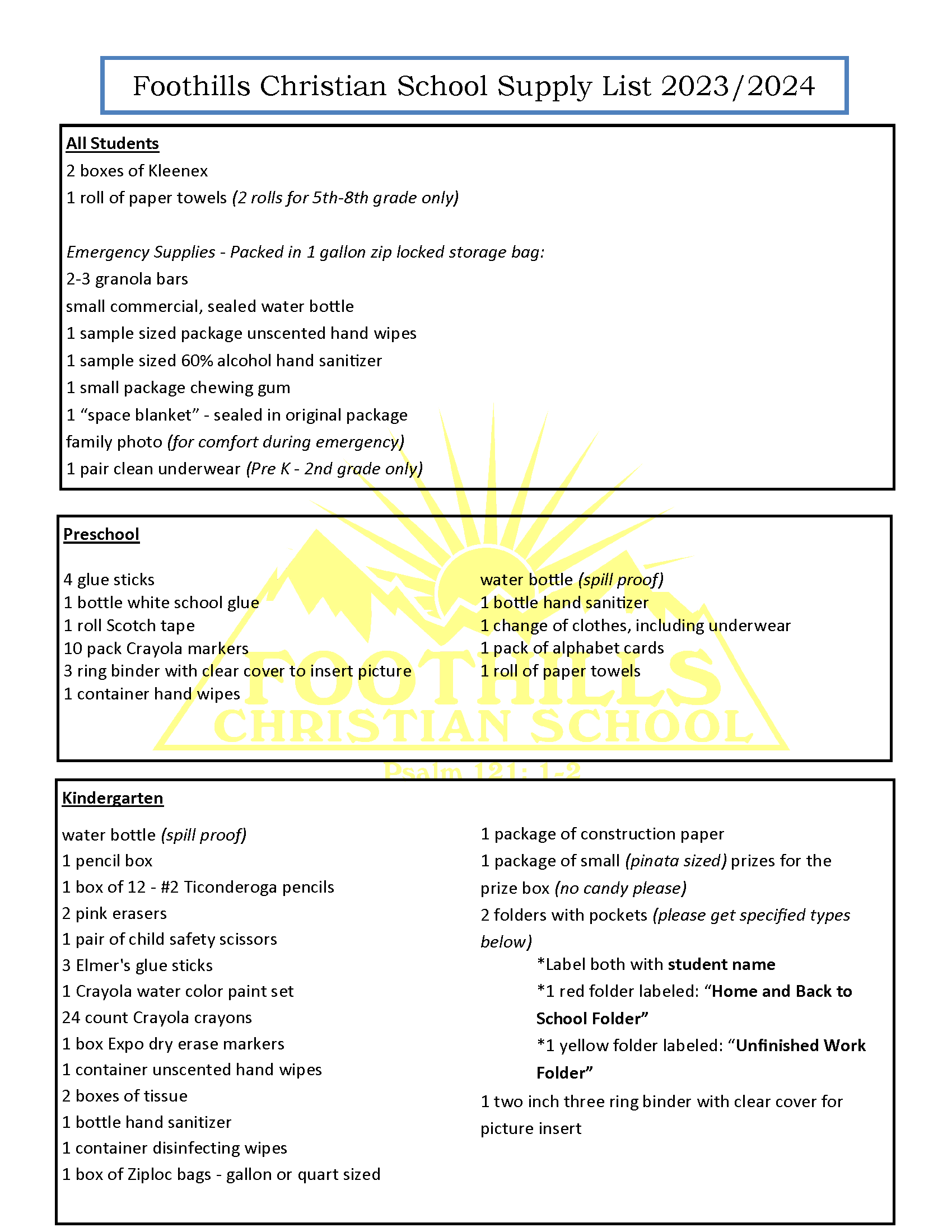 School Supply List 2023 2024 Page 1 